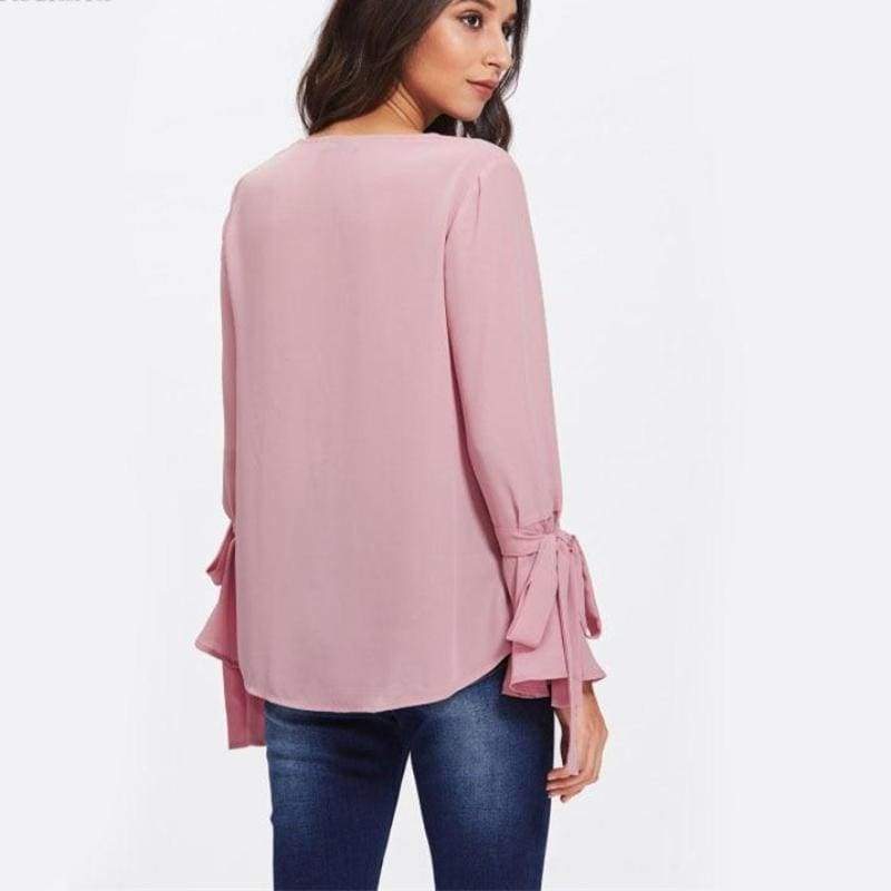 Clothing Pearl Bow Tied Flounce Sleeve Blouse Pink Round Neck Ruffle Woman Top Long Sleeve Blouse