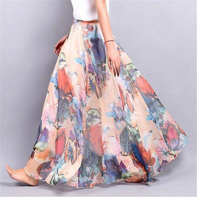 Clothing Pink Fits 20"-39" waist, Chiffon Floral Printed Boho long (Floor Length) Skirt  Fits up to (US 16)
