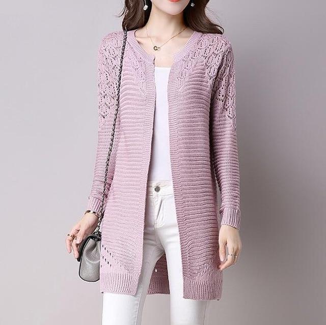 Clothing Pink / M (US 2-4) Fall Women Cardigan Solid Color Hollow Out Sweaters Size S-XXL Poncho Full Sleeve Open Stitch Female Knitted Outerwear (US 2-12)