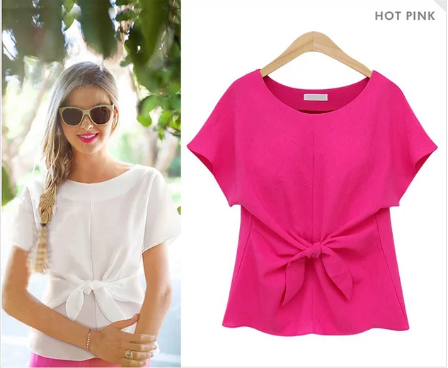 Clothing Pink / M (US 8-10) Plus Size - kimono Bowknot blouses O-neck short sleeve shirts chiffon casual top (US 8 - 22)