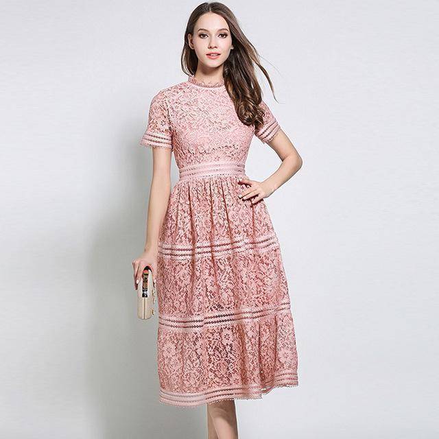 clothing Pink / S (US 0-2) Hollow Out Casual Lace knee length Dress (US 0-10)