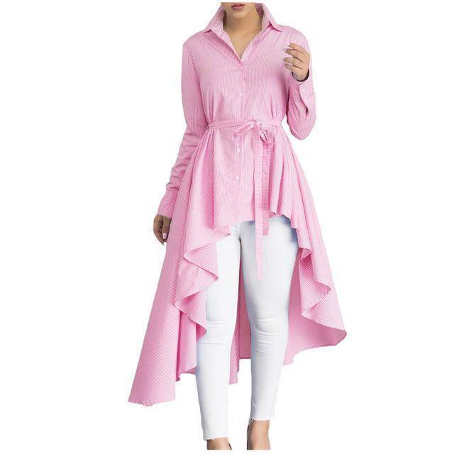 Clothing Pink / S (US 10-12) Plus Size - Stripe Blouse Long Sleeve Belted Tunic Top (US 10-22W)