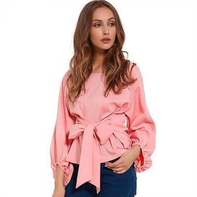 clothing Pink / S (US 4-6) Chiffon Wrap Blouse Women Shirts  Lantern Long Sleeve (US 4-12)
