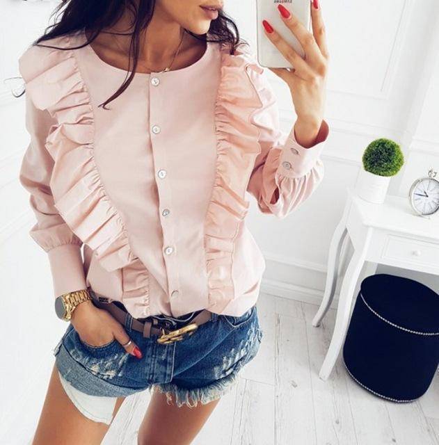 Clothing Pink / S (US 4-6) New Women Autumn Winter Cute Ruffle Slim Blouse O-neck Long Sleeve button Ladies Casual shirts (US 4-16)