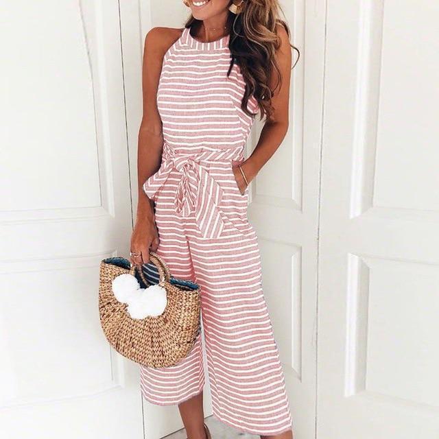 Clothing Pink / S ( US 6-8) Elegant Sexy Jumpsuits Women Sleeveless Striped Jumpsuit Loose Trousers Wide Leg Pants Rompers Holiday Belted Leotard Overalls (US 6-16)