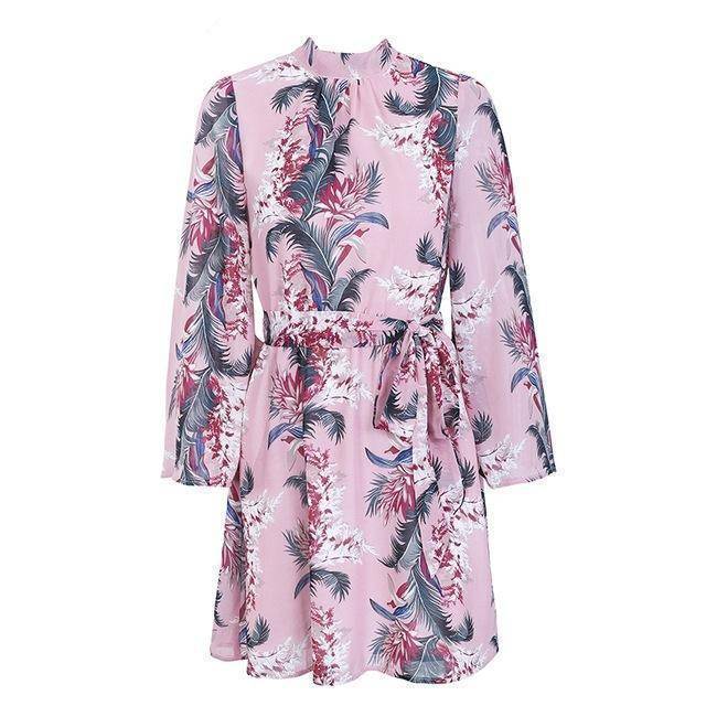 Clothing Pink / S (US 6-8) Flare sleeve floral print chiffon dress (US 6-14)