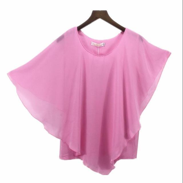 Plus Size - 16 Color Plus size Ladies Chiffon Blouses ,Batwing sleeve tops shirts women asymmetric shirts (US 6-24W)