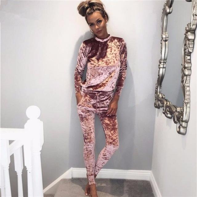 Clothing Pink / S (US 6-8) Rogi Velvet Women Sets Fashion Long Sleeve Bodycon Slim Sweat Suits Hoodies Tracksuit Sweatshirt Two Piece Trousers Women (US 6-16)