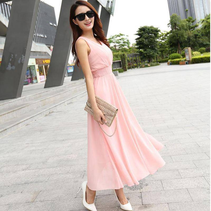 Clothing Pink / S (US 6) Bohemian Dress Slim Sleeveless Beach V-Neck 6 Color Cute Style (US 6-12)