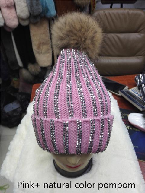Clothing pink with natural Removable Winter Warm Fur Pom pom Knitted bling Hats,  Skullies Beanie With 15cm Fur Ball