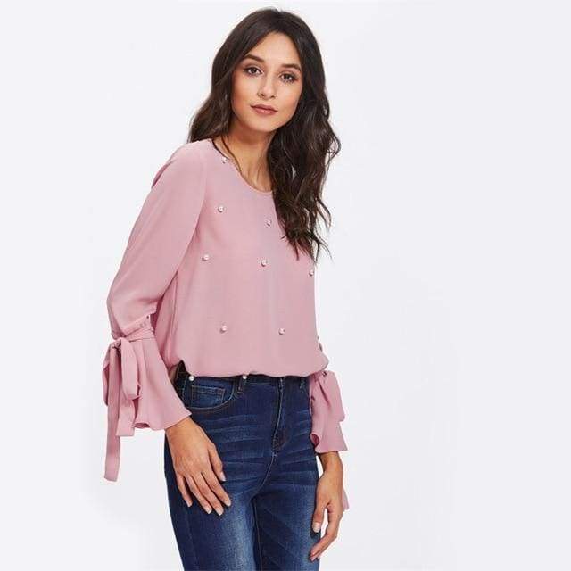 Clothing Pink / XS (US 8-10) Pearl Bow Tied Flounce Sleeve Blouse Pink Round Neck Ruffle Woman Top Long Sleeve Blouse