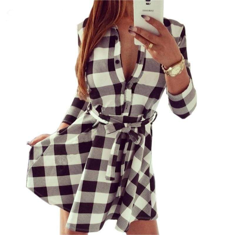knee length dresses for ladies Plaid Shirt Dress Leisure Vintage Long Plaid Check Print Casual Shirt – ubesto