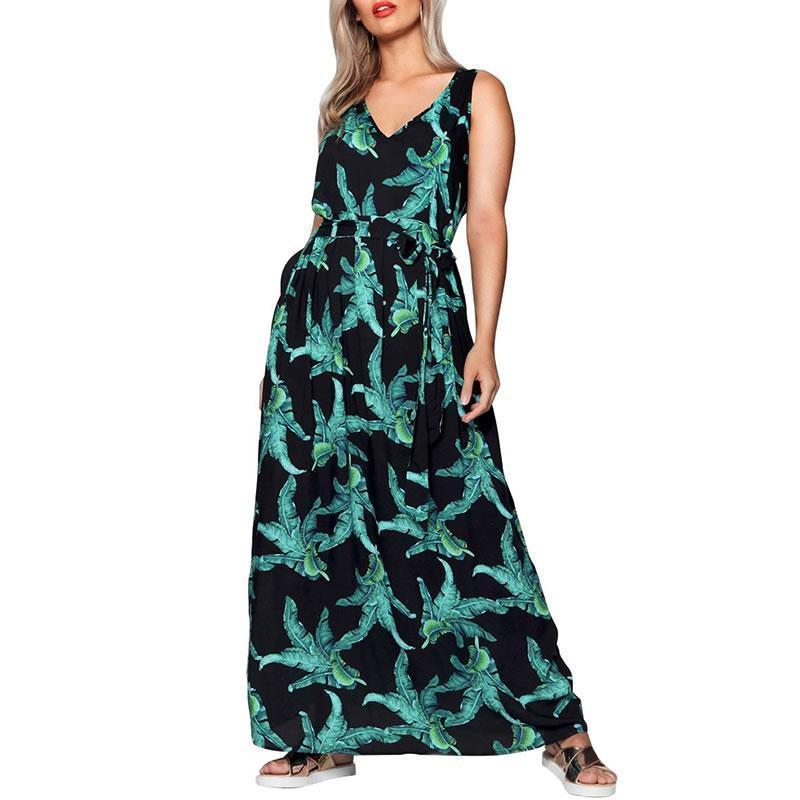 Clothing Plus Size 5XL Big size Floral Print  green flower maxi women dress fashion V-neck long dress  Sleeveless casual party dress (US 16W-24W)