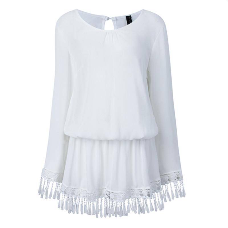 Clothing Plus Size - Bohemian O Neck Lace Tassel Chiffon Long Shirt / Mini Dresses (US 10-22w)