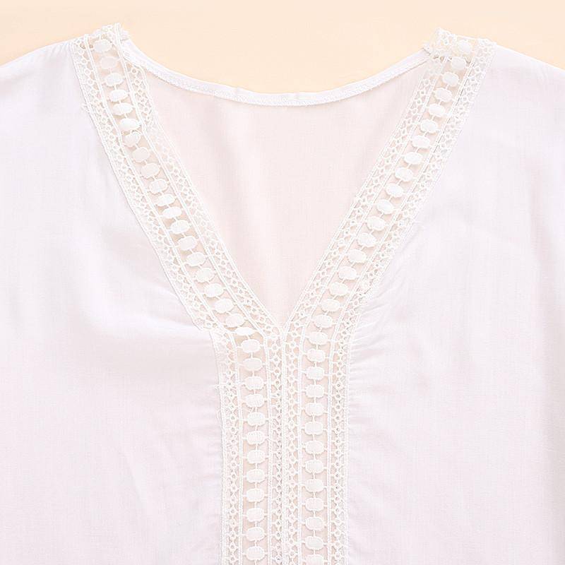 Clothing Plus Size - Boho Deep V-neck 3/4 Sleeve Crochet Lace Long Shirt / Mini Dress (US 12-20)