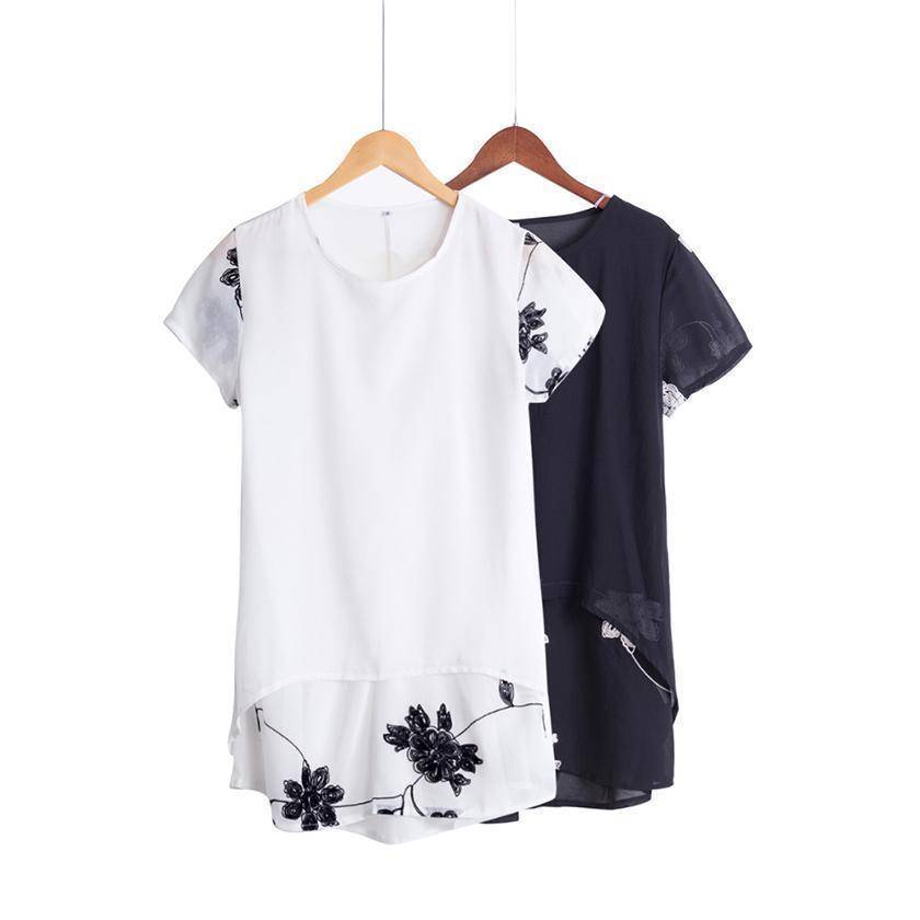 Clothing Plus Size - Chiffon Blouse Loose Short Sleeve Embroidery Flower Print Patchwork (US 8-22W)