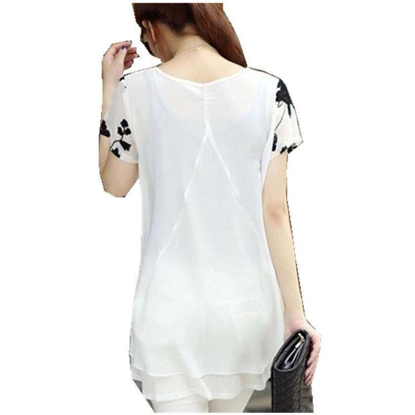 Clothing Plus Size - Chiffon Blouse Loose Short Sleeve Embroidery Flower Print Patchwork (US 8-22W)