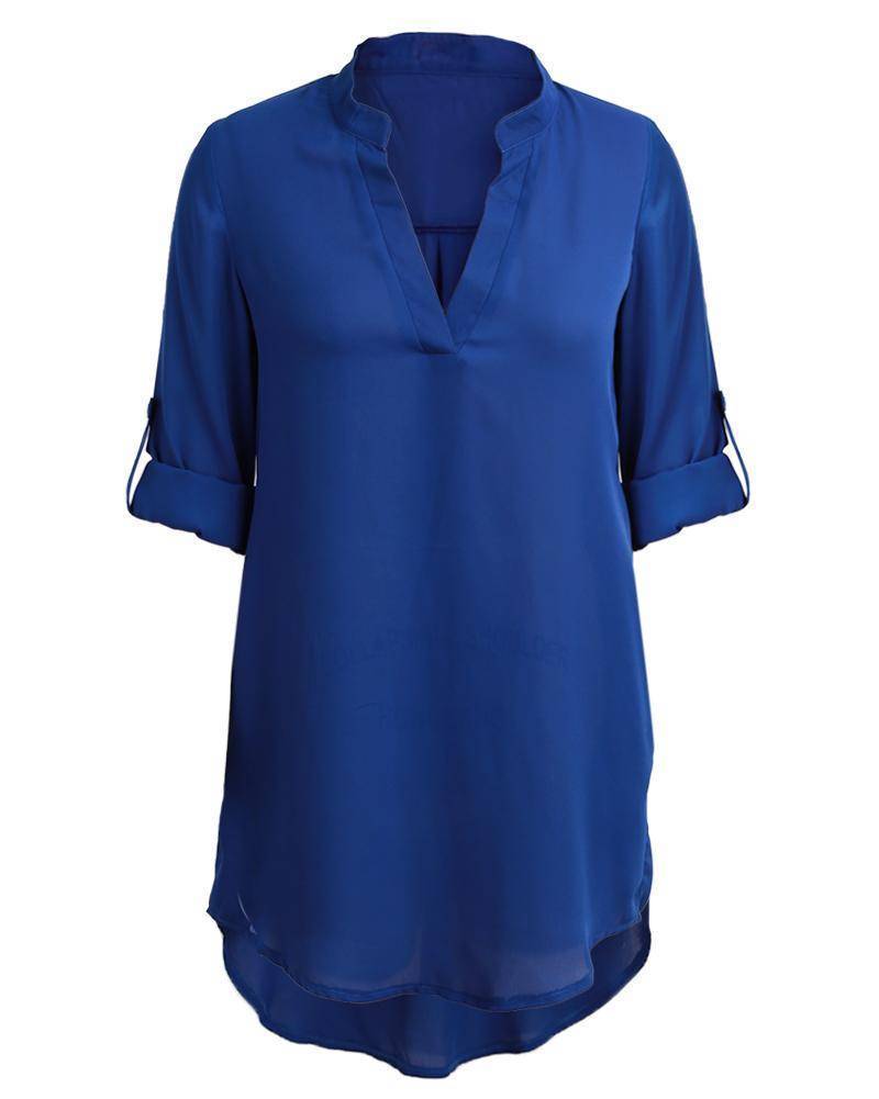 Plus Size - Chiffon Blouse Shirt, V Neck Pockets Roll up Long Sleeve  Asymmetrical Shirt (US 12-22W)