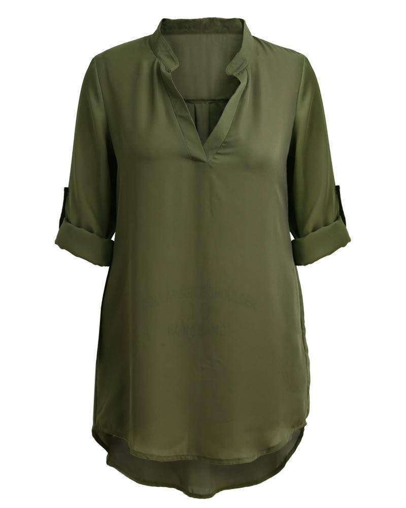 Clothing Plus Size - Chiffon Blouse Shirt, V Neck Pockets Roll up Long Sleeve Asymmetrical Shirt  (US 12-22W)
