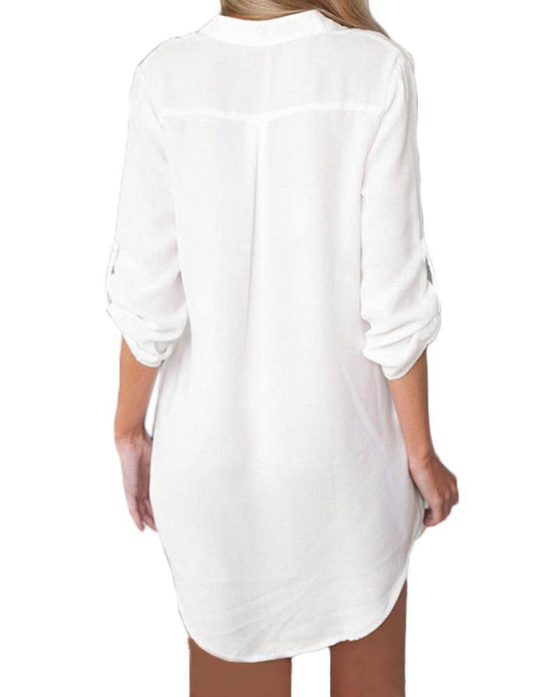 Clothing Plus Size - Chiffon Blouse Shirt, V Neck Pockets Roll up Long Sleeve Asymmetrical Shirt  (US 12-22W)