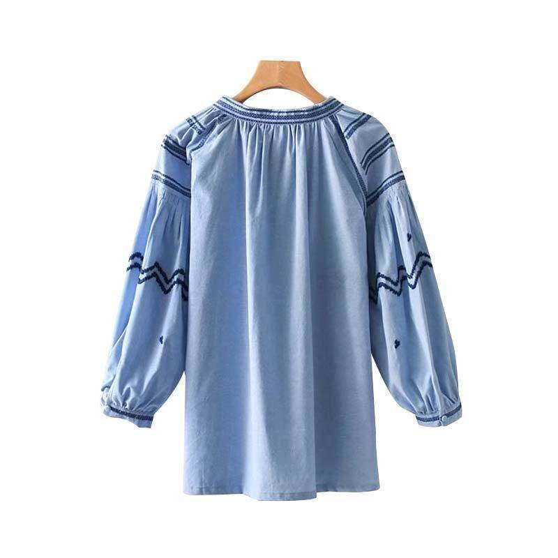 Clothing Plus Size - Embroidery tassel tie shirts oversized long sleeve blouse (US 18W-24W)
