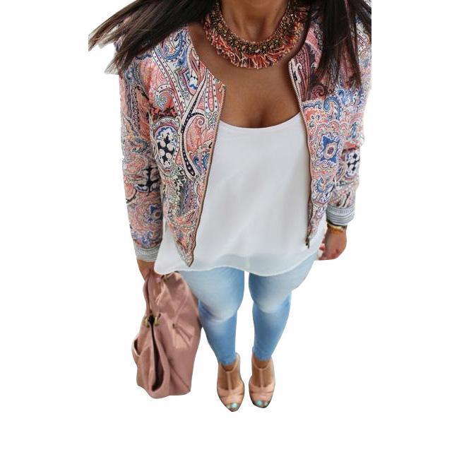 Clothing Plus Size - Floral Women Long sleeve Bohemian Zipper Jacket