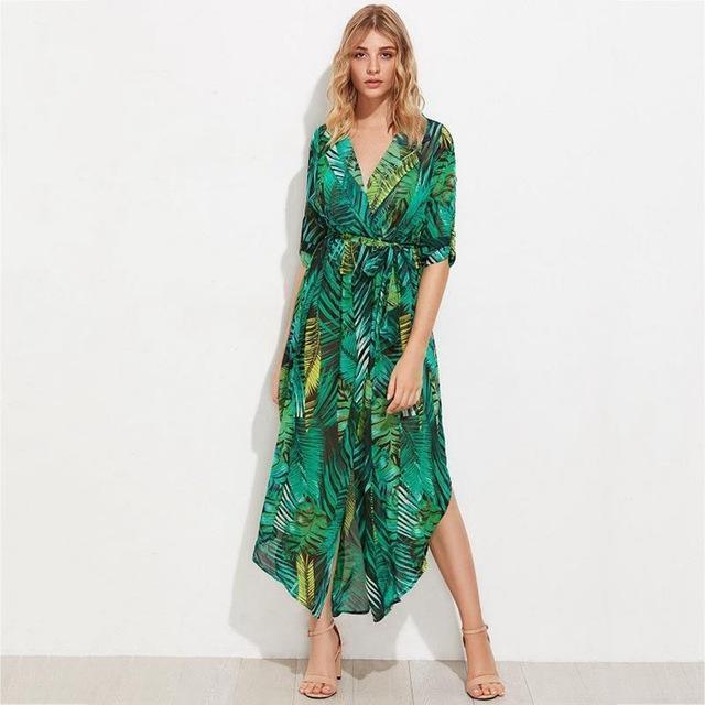 Clothing Plus Size  Green Chiffon Long Summer Dresses Sexy V-Neck Beach Maxi Dress Elegant Slim Floral Print Party Dresses vestidos (US 18W-26W)