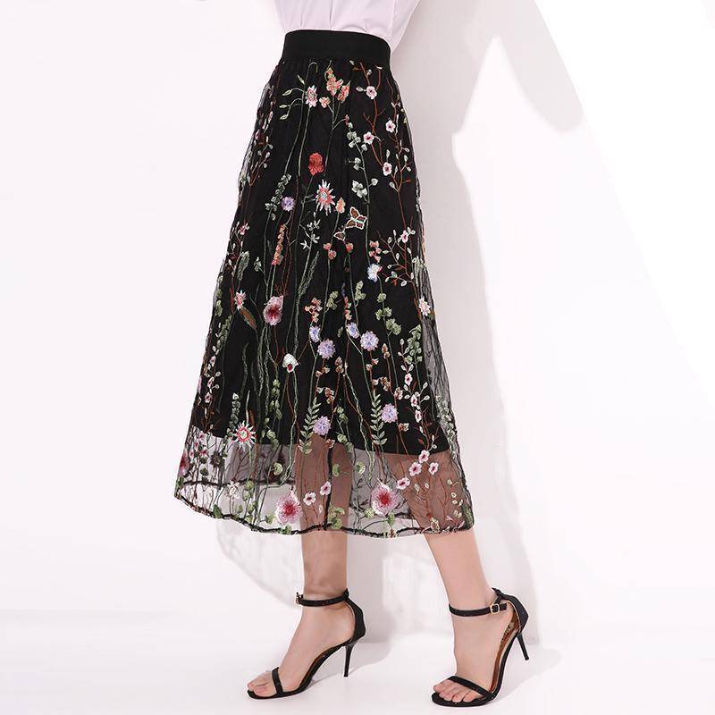 clothing Plus Size - S-5XL Plus Size, Boho Elegant Black Floral Embroidered Mesh Overlay Midi A Line Skirts