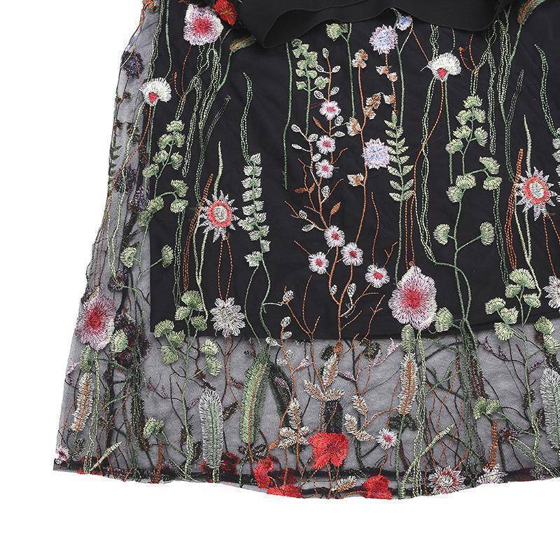clothing Plus Size - S-5XL Plus Size, Boho Elegant Black Floral Embroidered Mesh Overlay Midi A Line Skirts