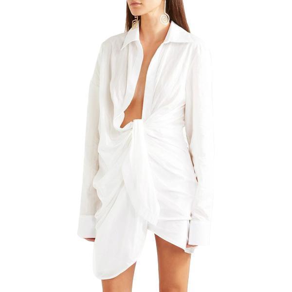 clothing Plus Size - Shirt Women Lace Up Long Sleeve Irregular White Blouse Large Size Spring Female Sexy Fashion Clothing (US 8-21)