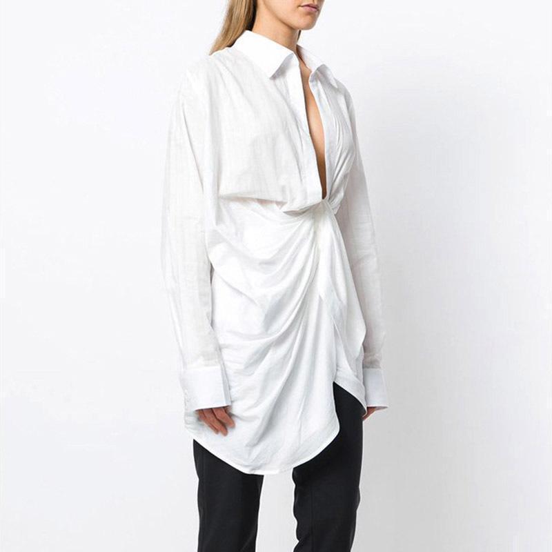 clothing Plus Size - Shirt Women Lace Up Long Sleeve Irregular White Blouse Large Size Spring Female Sexy Fashion Clothing (US 8-21)