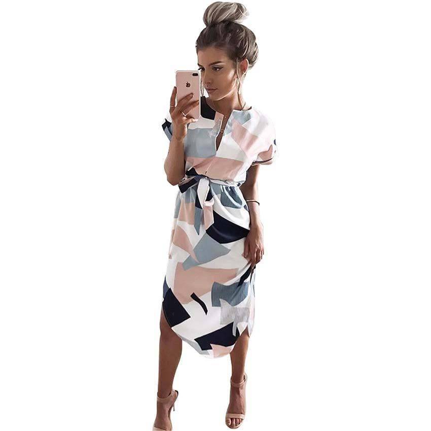 clothing Plus Size - Summer Casual Dresses V-neck knee length dress, short Sleeve geometric Print (US 8 -16)