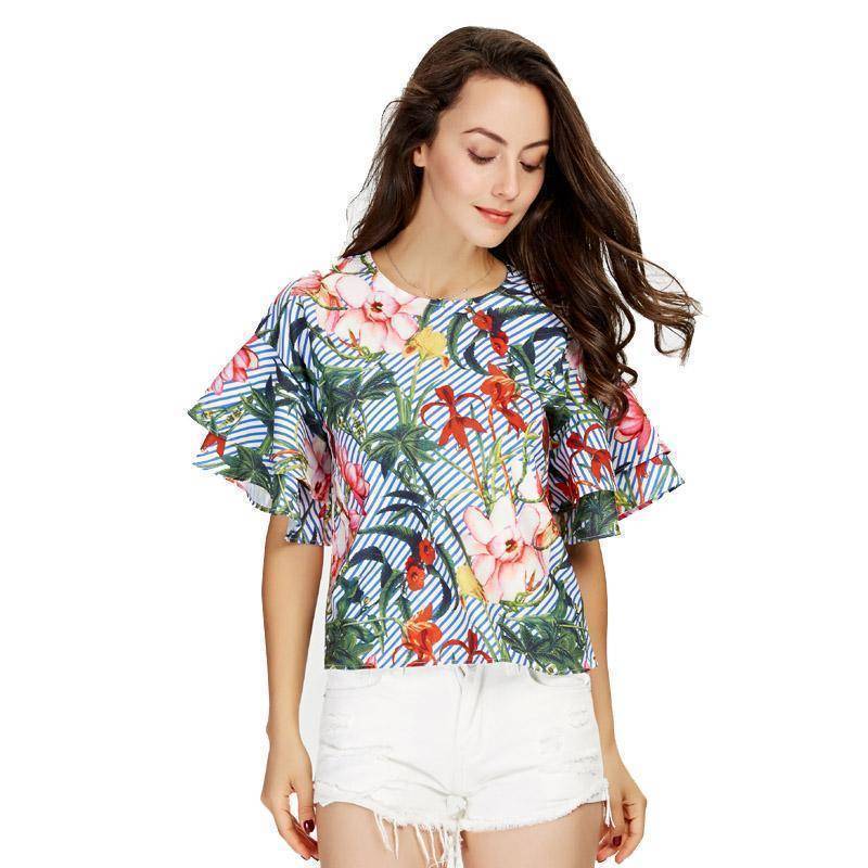 Plus Size Sweet ruffles loose floral shirts flower print tops (US 14-18W)