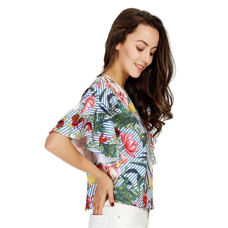 Clothing Plus Size - Sweet ruffles loose floral shirts flower print tops (US 14-18W)