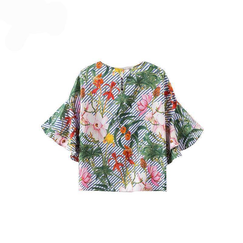 Clothing Plus Size - Sweet ruffles loose floral shirts flower print tops (US 14-18W)