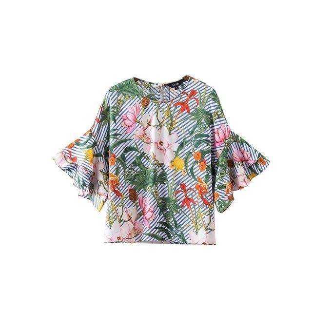 Plus Size - Sweet ruffles loose floral shirts flower print tops (US 14-18W)