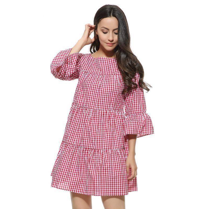 Clothing Plus Size - (US 10-16W) Pleated plaid dress checkered flare sleeve