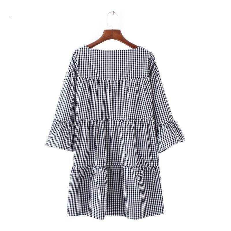 Clothing Plus Size - (US 10-16W) Pleated plaid dress checkered flare sleeve