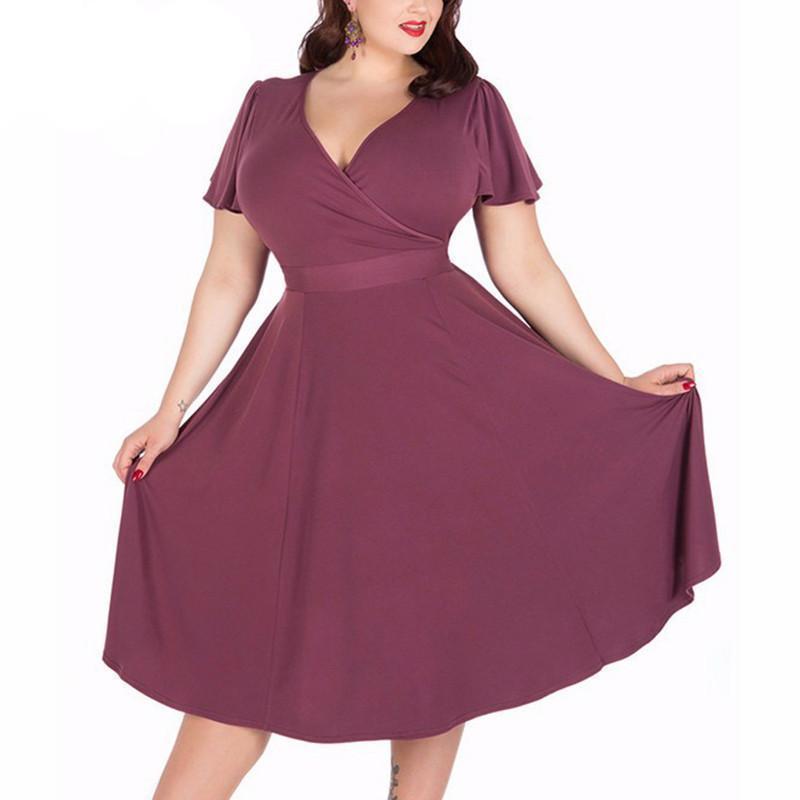 www.Nuroco.com - Plus Size - Women Sexy V-neck Short Sleeve 50s Party A-line Dress Vintage Stretchy www.Nuroco.com - Plus Size - Women Sexy V-neck Short Sleeve 50s Party A-line Dress Vintage Stretchy