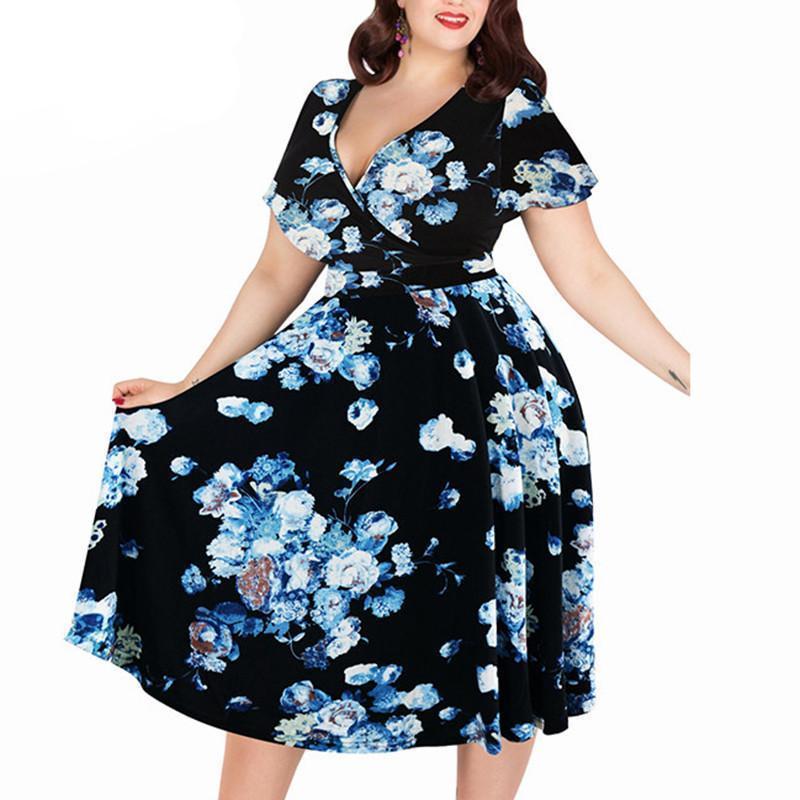 www. - Plus Size - Women Sexy V-neck Short Sleeve 50s Party  A-line Dress Vintage Stretchy