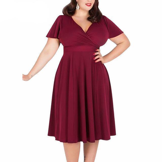 www.Nuroco.com - Plus Size - Women V-neck 50s Party A-line Dress Vintage Stretchy