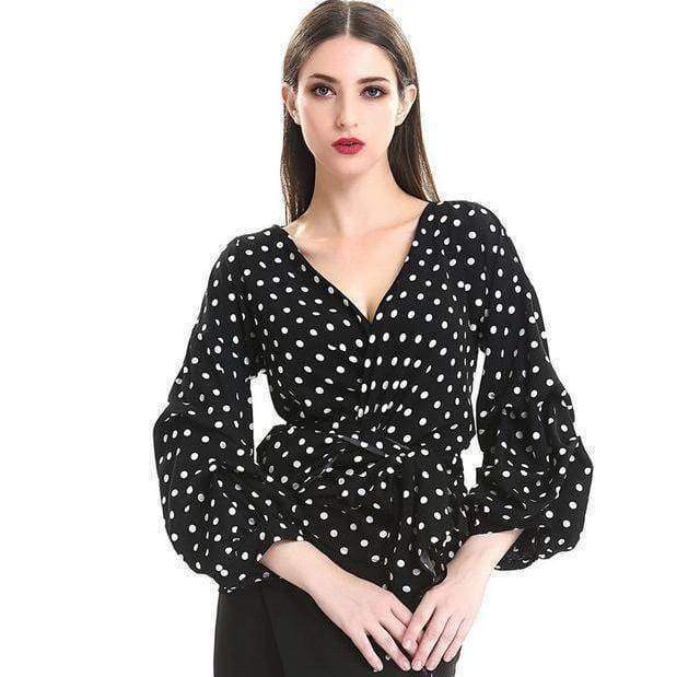 Clothing Polka Dot / S (US 2-4) Plus Size - Puff Sleeve Blouse with Belt Women Sexy V Neck  Plaid Tops  (US 2-22W)