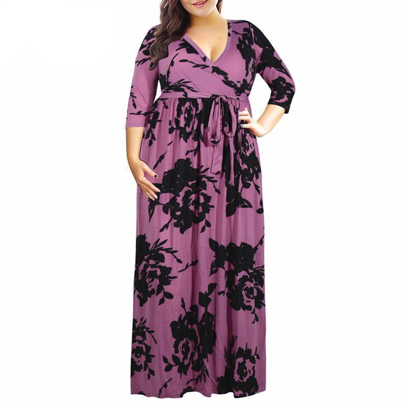 Clothing purple / 3XL (US 14-16) Plus Size - Women Sexy V-neck 3/4 Sleeve Vintage 50s Long Casual Dress Plus Size 7XL 8XL 9XL Floral Print Party Long Maxi Dress (US 14-26W)