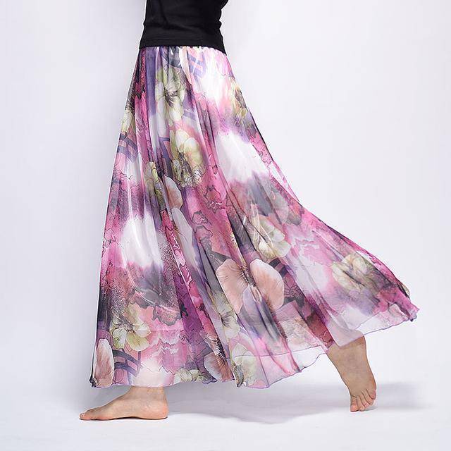 Clothing Purple Fits 20"-39" waist, Chiffon Floral Printed Boho long (Floor Length) Skirt  Fits up to (US 16)