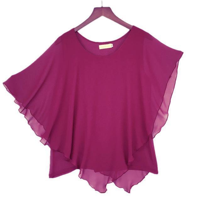 Clothing Purple / S (US 6-8) Plus Size - 16 Color Plus size Ladies Chiffon Blouses ,Batwing sleeve tops shirts women asymmetric shirts (US 6-24W)