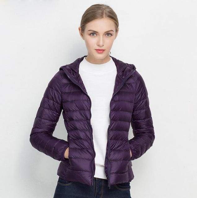 clothing Purple / S (US 6-8) Winter Women Ultra Light Down Jacket 90% Duck Down Hooded Jackets Long Sleeve Warm Slim Coat Parka Female Solid Portabl Outwear (US 6-20W)