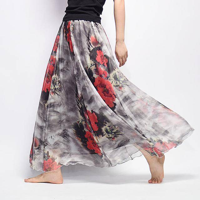 Clothing Red Fits 20"-39" waist, Chiffon Floral Printed Boho long (Floor Length) Skirt  Fits up to (US 16)