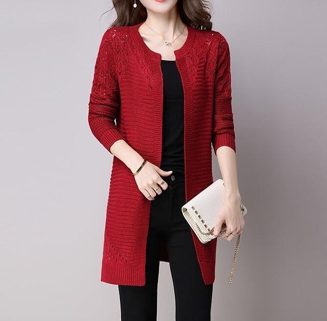 Clothing Red / M (US 2-4) Fall Women Cardigan Solid Color Hollow Out Sweaters Size S-XXL Poncho Full Sleeve Open Stitch Female Knitted Outerwear (US 2-12)