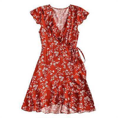RQYYD Reduced Women Boho Floral Print V Neck Wrap Blouse Short Sleeve  Ruffle Hem Babydoll Peplum Top Summer Casual Tie Waist Shirts(Red,S)