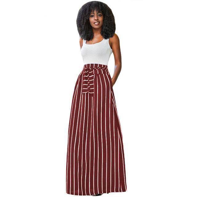 clothing Red / S S- XL, Make yourself Look Taller and Slimmer!  Long Vertical striped Boho Skirt with side pockets